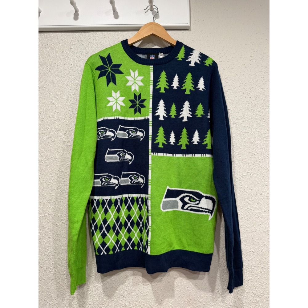 Seattle Seahawks Busy Block NFL Ugly Christmas Holiday Sweater Unisex XL Fanwear